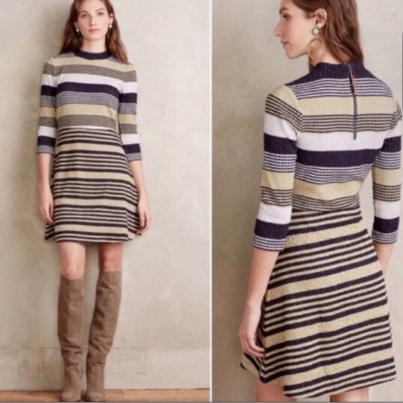 Anthropologie Womens Small Striped Stretchy 3/4 Sleeve Mock Neck Mini Boho Dress - Picture 1 of 13